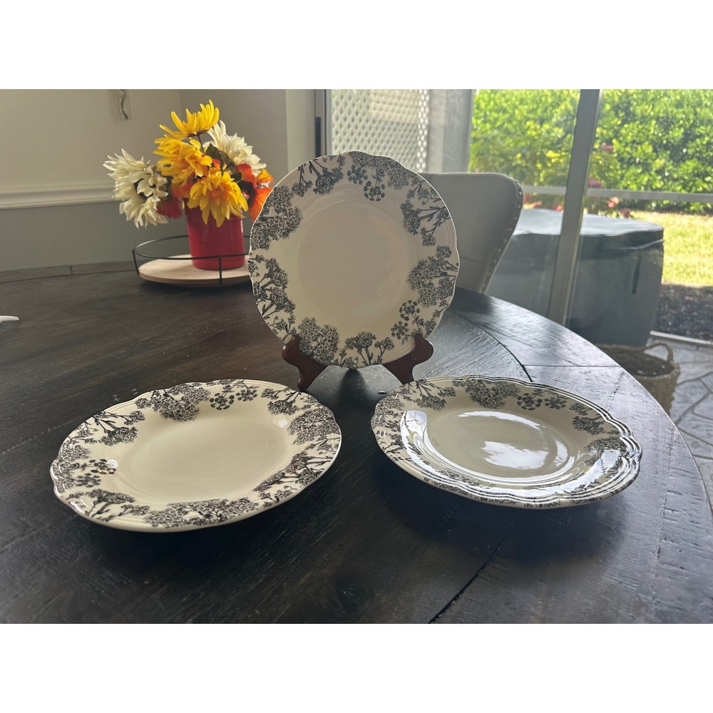 Euro Ceramica Savannah Dinner Plates Set of 3 Black Floral Portugal 10.75" EUC